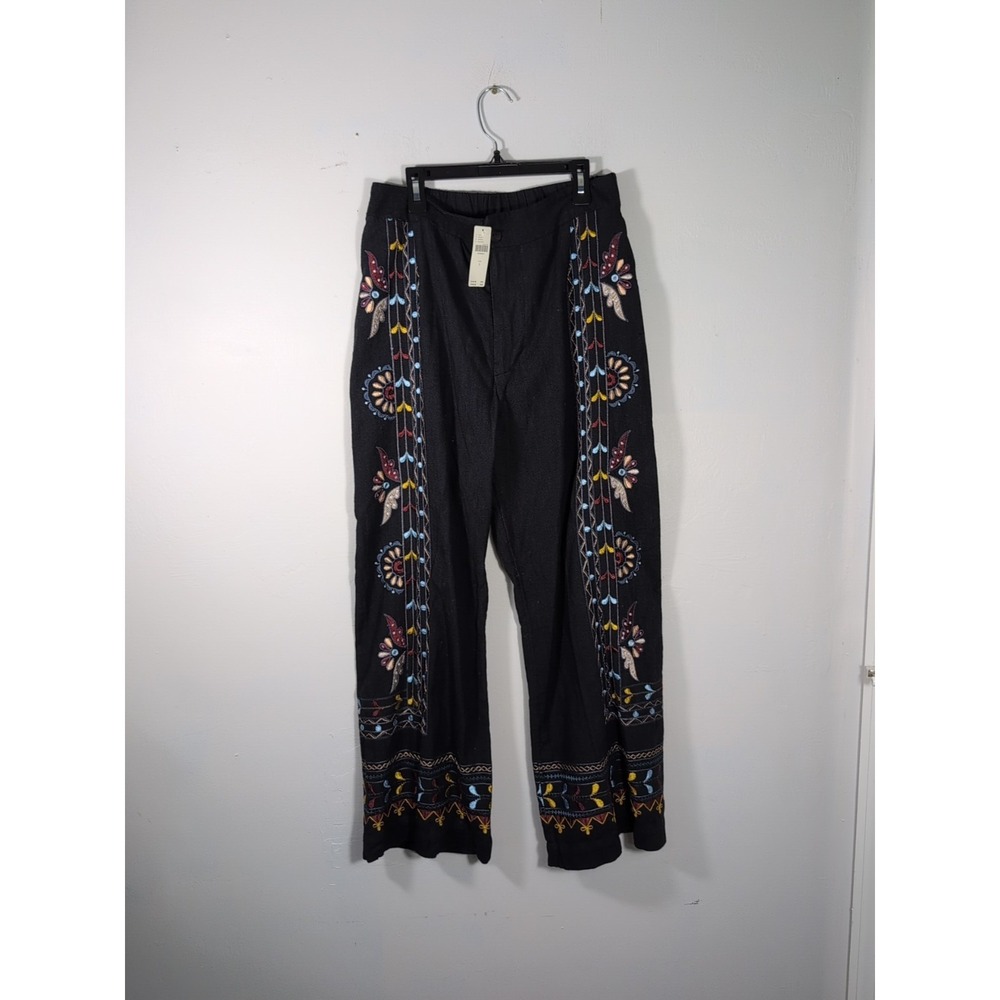 NWT $148 Anthropologie Embroidered Black Floral Straight Leg Pants Trousers S